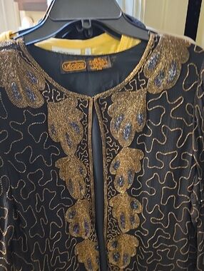 Vintage Megere Black Silk Jacket with Gold Beaded Floral Embroidery Size Pm